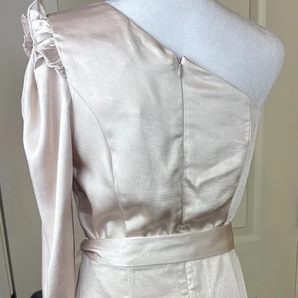 NWT Aakaa Champagne One Shoulder Lined Mini Dress w/ Ruffle Accent and Tie Belt - Picture 8 of 16
